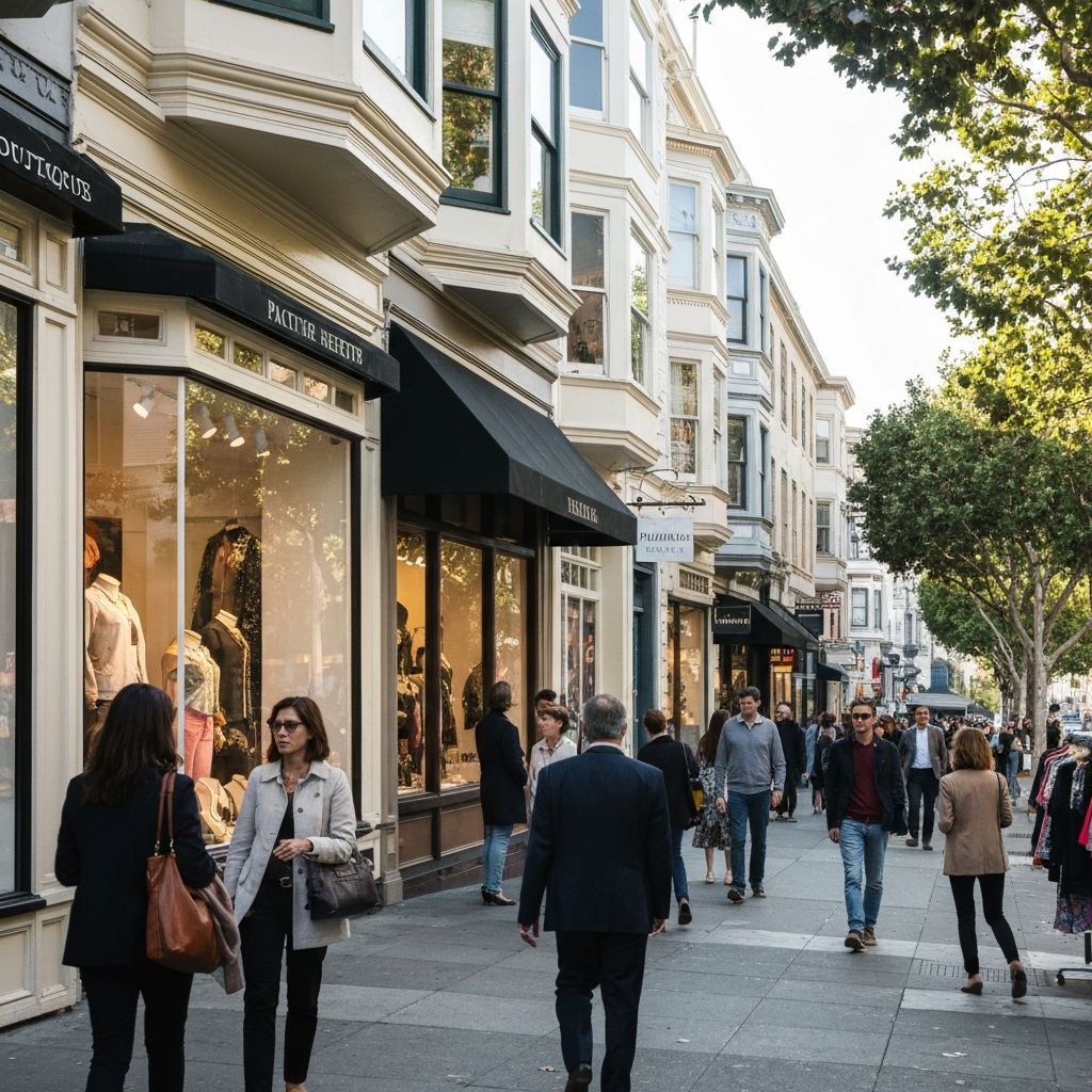 Pacific Heights street scene with elegant boutiques